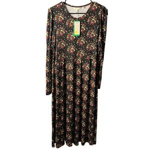 Boden Black Floral EcoVero Viscose Long Sleeve Midi Dress D0338 BCK US 12R NEW